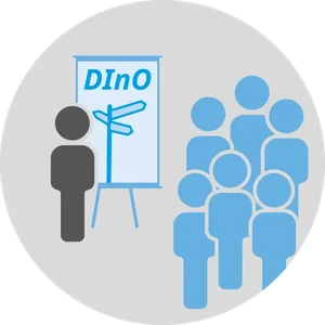 Illustration einer Person, die vor einer Gruppe spricht, mit einem Schild mit der Aufschrift „DInO” auf einer Tafel.