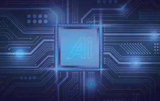 Schriftzug AI auf stilisierter Leiterplatte
