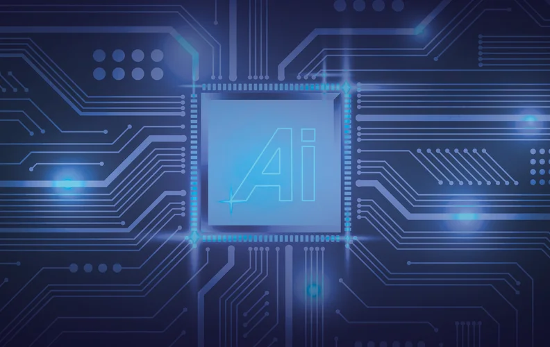 Schriftzug AI auf stilisierter Leiterplatte