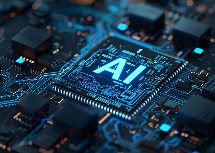 Nahaufnahme eines Computerchips mit leuchtender Aufschrift ‚AI‘, eingebettet in eine Leiterplatte mit blauen Schaltkreisen, symbolisiert künstliche Intelligenz und moderne Technologie