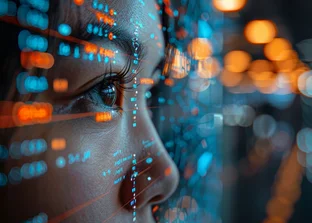 Nahaufnahme eines Gesichts mit reflektierenden Augen, überlagert von digitalen Datenströmen in Blau und Orange, symbolisiert Mensch und Technologie im Zusammenspiel.