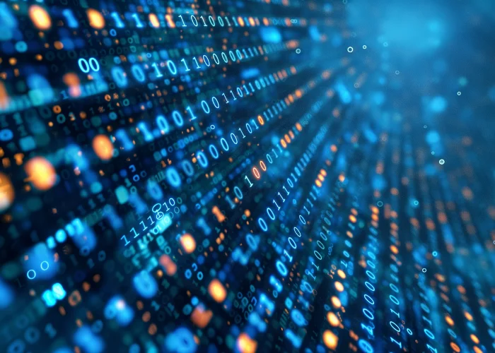 Abstrakte Darstellung von fließenden Binärcode-Zahlen in Blau und Orange, symbolisch für digitale Daten und Technologie.