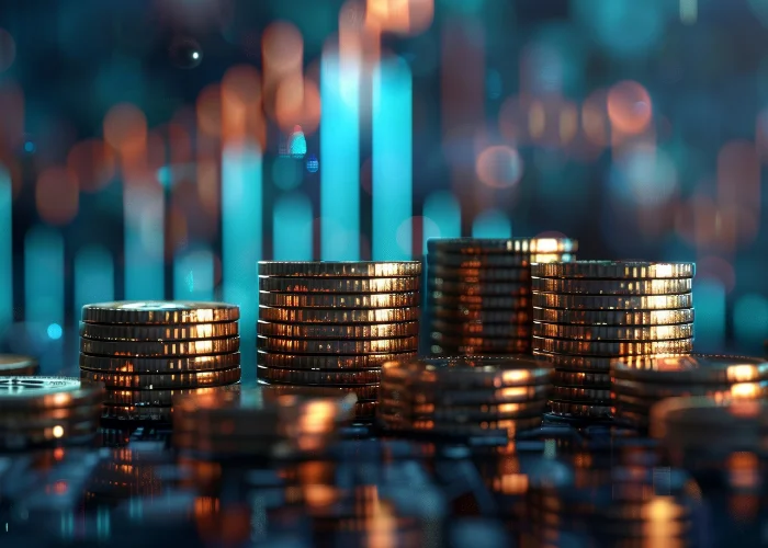 Stapel glänzender Münzen auf einer digitalen Oberfläche mit unscharfen blauen und orangefarbenen Lichtpunkten im Hintergrund, symbolisiert Finanzen, Investitionen und digitale Märkte.