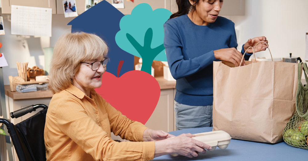 A woman in a wheelchair receives groceries from another woman in a kitchen, with colorful heart and tree graphics in the background.