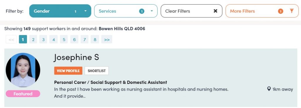 Screenshot of a support worker profile showing a woman's photo, name, and brief work experience. Filters for gender and services are visible.