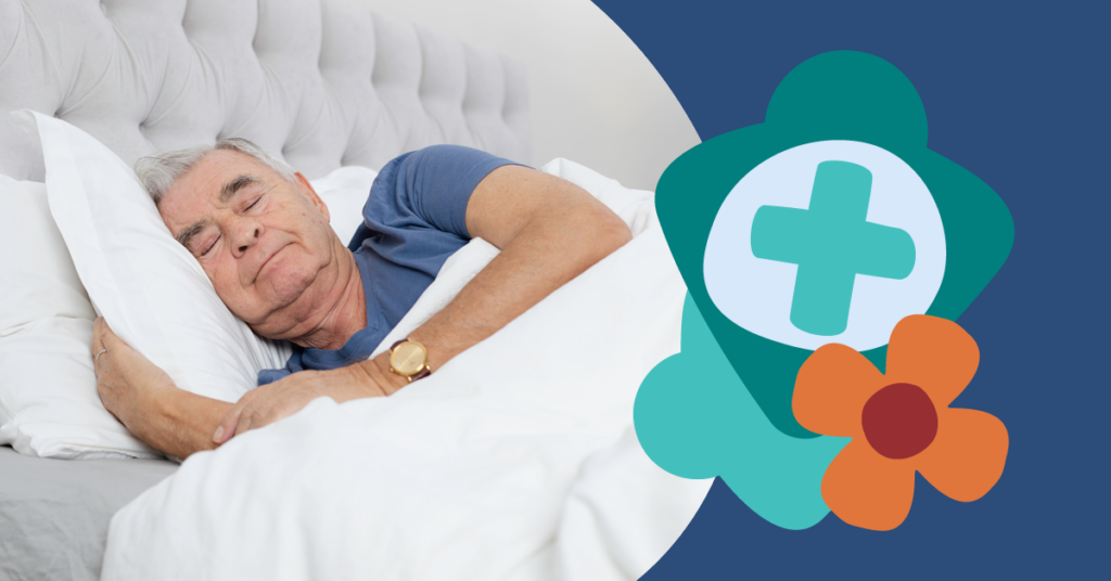 Elderly man sleeping peacefully in bed, with a graphic of a medical cross and flower overlay on the right.