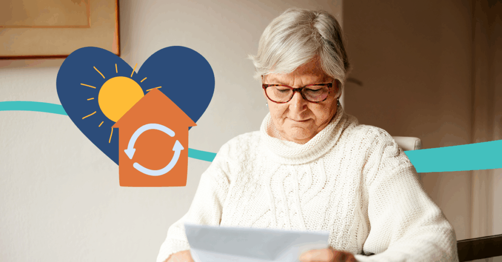 Elderly person with glasses reading a document, next to a graphic of a heart and house with a sun.