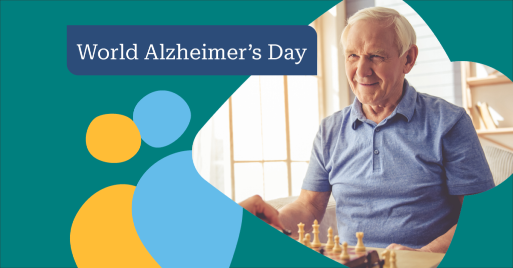 Elderly man playing chess, smiling, with "World Alzheimer’s Day" text on a colorful background.