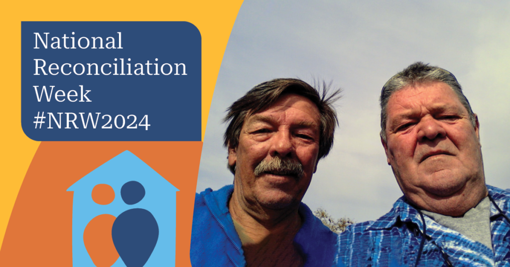 Two men taking a selfie for National Reconciliation Week 2024, with a logo and hashtag #NRW2024 on the side.