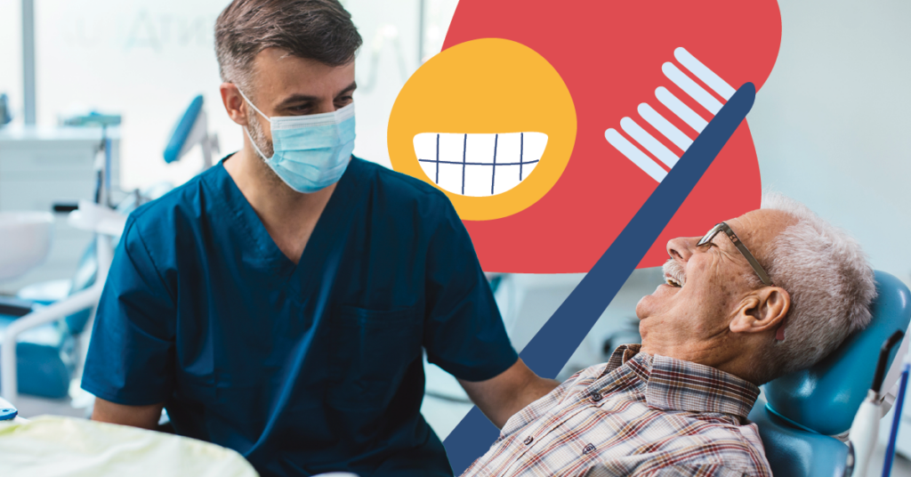 Dentist in scrubs and mask talking to smiling elderly patient in a dental chair, with cartoon toothbrush and smile graphic in the background.