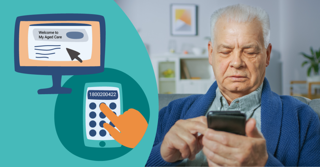 Elderly man using a smartphone, with an illustration of a computer screen and a hand dialing a phone number.