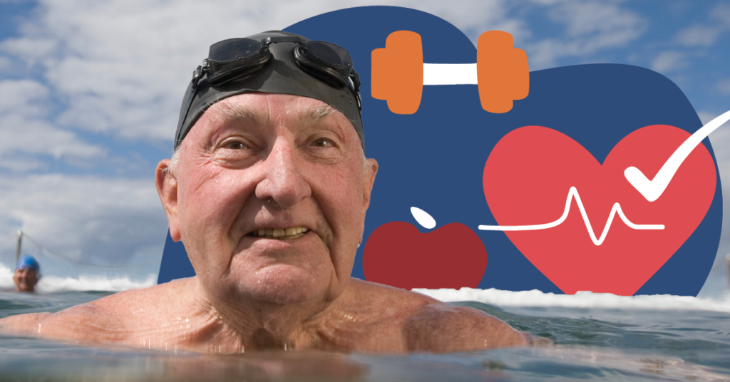 Elderly man swimming, wearing goggles, with fitness icons like a dumbbell and heart rate symbol in the background.