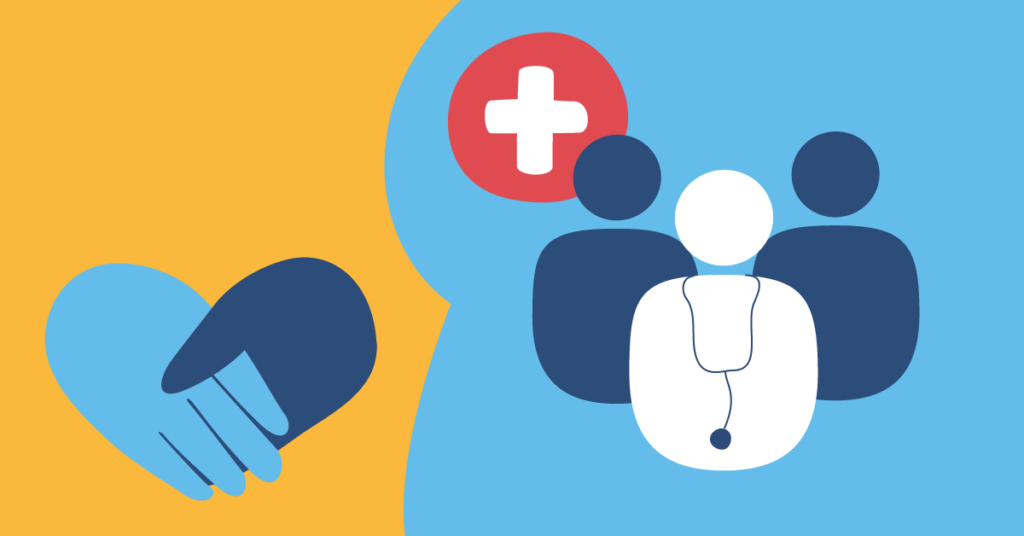 Illustration of a blue hand holding another on yellow, and three figures with a medical cross and stethoscope on blue.