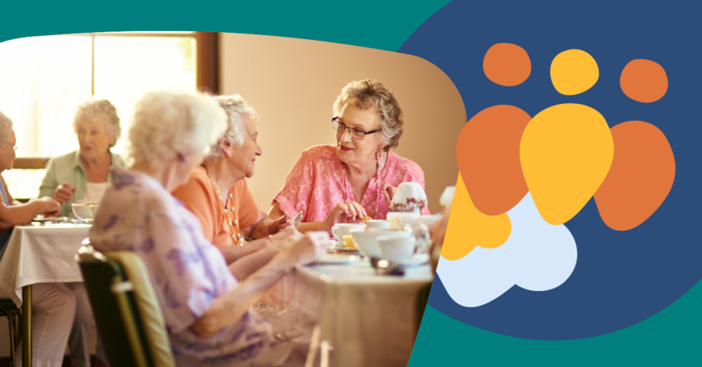 Elderly women enjoying a meal together at a table, with colorful abstract shapes on the right side of the image.