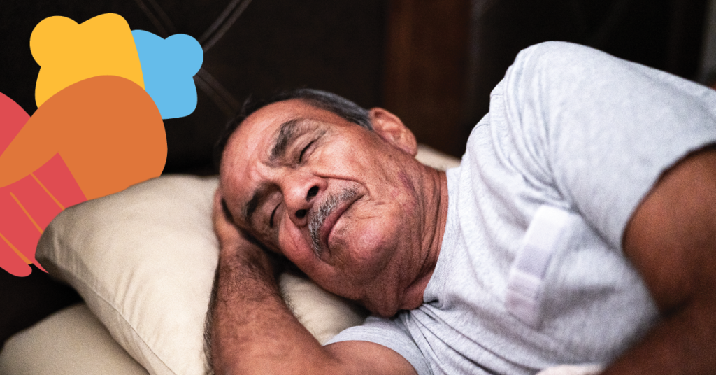 Elderly man sleeping peacefully on a pillow, wearing a white shirt, with a colorful abstract shape in the corner.