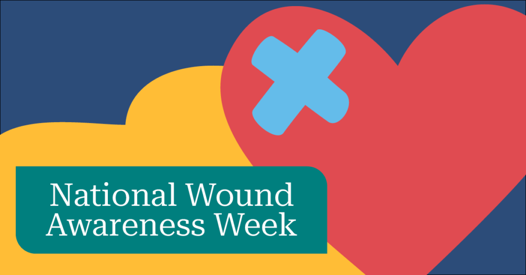 Illustration of a red heart with a blue bandage and text "National Wound Awareness Week" on a teal background with yellow accents.
