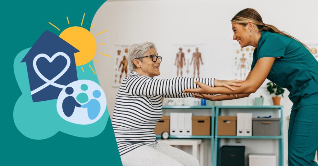 A healthcare worker assists an elderly woman in standing up, with a graphic of a house, heart, and sun on the side.