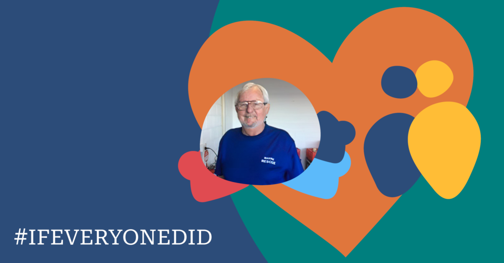 Smiling man in a blue shirt inside a colorful heart-shaped design with the hashtag #IFEVERYONEDID on a teal background.