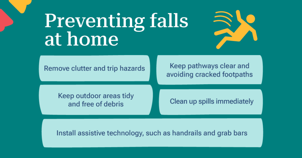 Infographic on preventing falls at home with tips like removing clutter, keeping pathways clear, and installing handrails.