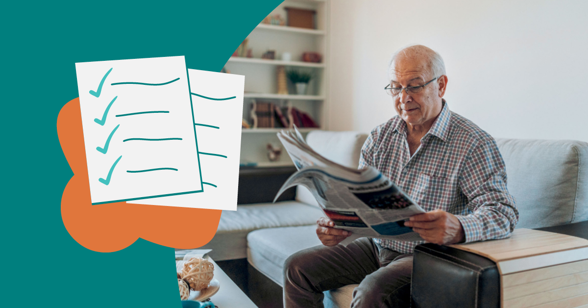 Elderly man in glasses reads a newspaper on a sofa. Illustrated checklist graphic overlays the image. Shelves in the background.