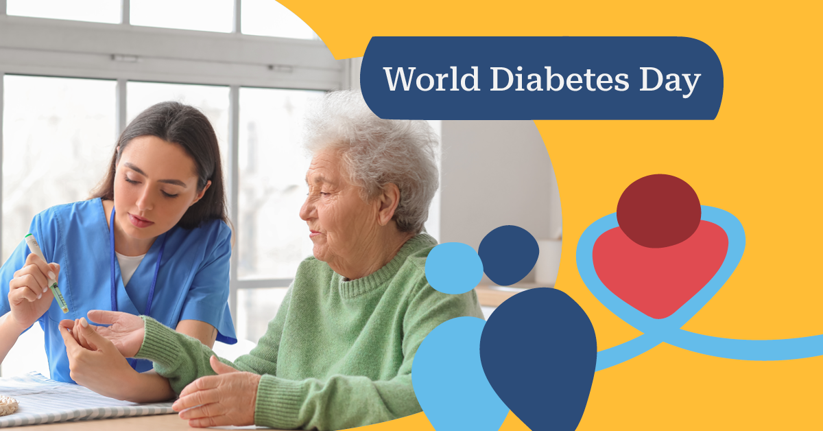 Nurse assists elderly woman with a glucose test. "World Diabetes Day" text and symbolic heart and figures on a yellow and blue background.