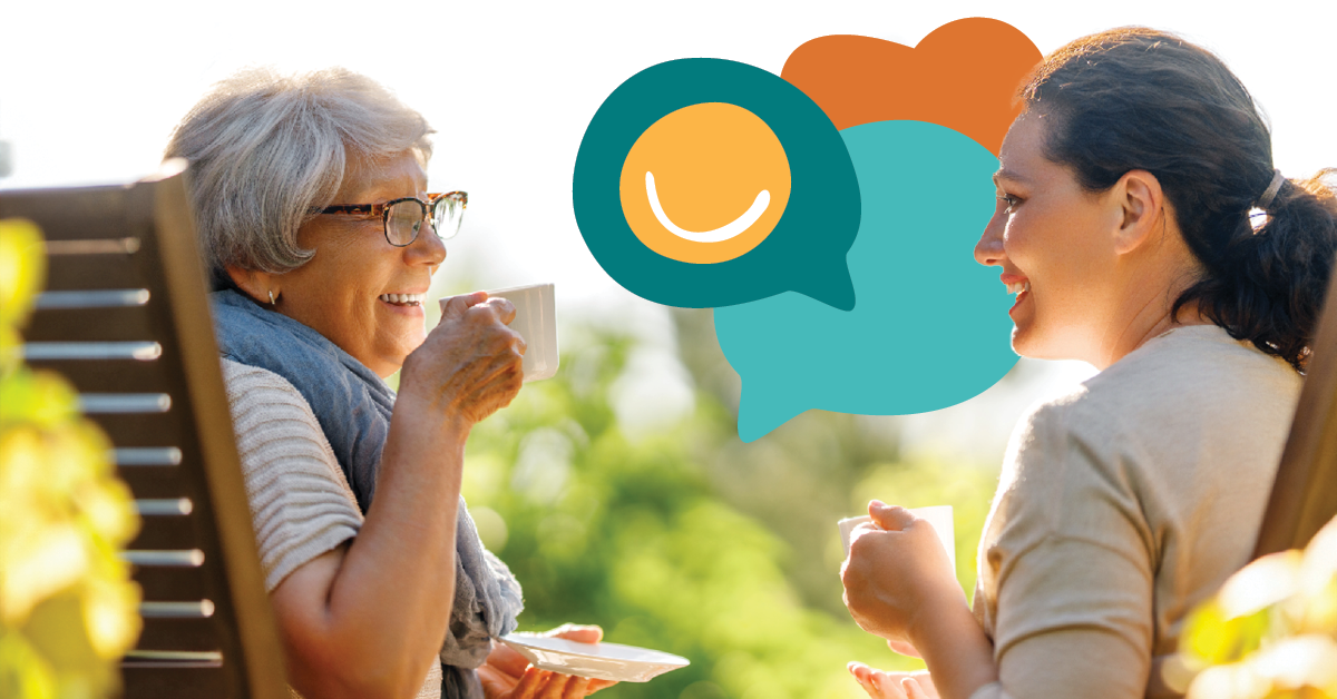 Two women enjoying a conversation over tea outdoors, with colorful speech bubble graphics in the background.