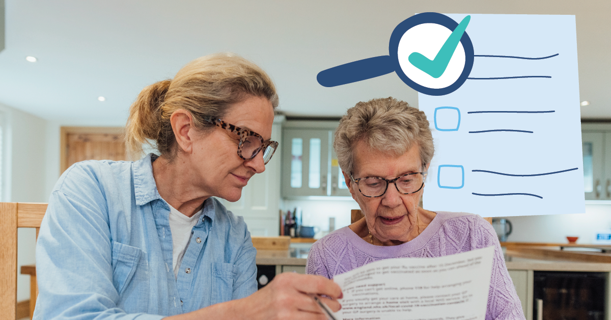 Two women reviewing a document at a kitchen table, with a checklist graphic featuring a magnifying glass and a checkmark in the background.
