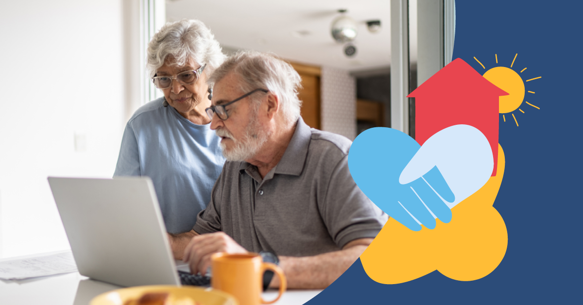 Elderly couple using a laptop together, with a colorful graphic of a heart, handshake, and sun on the side.
