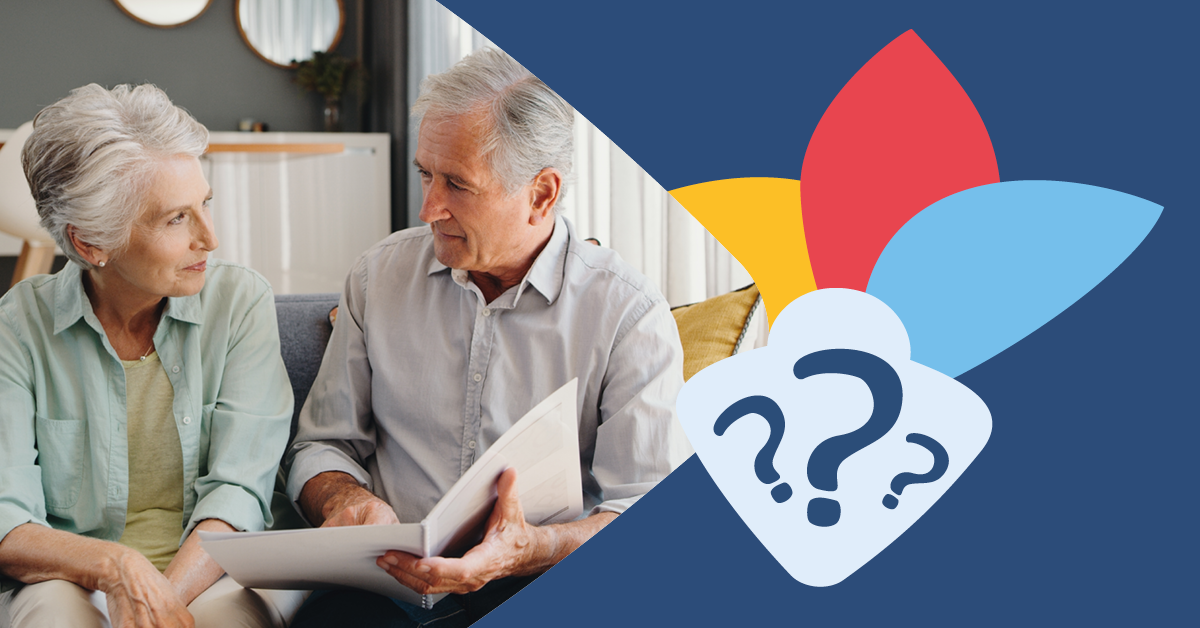 Elderly couple sitting on a couch, looking at a document together. A graphic with question marks and colorful petals is on the side.