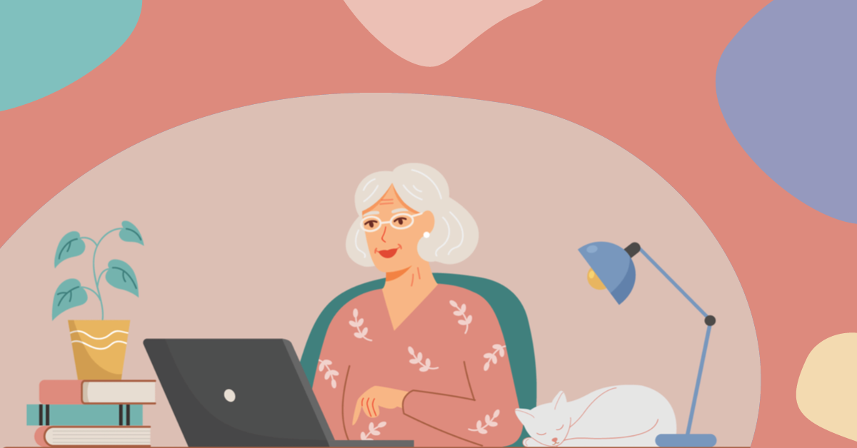 Elderly woman with glasses using a laptop at a desk, with a sleeping white cat, books, a lamp, and a potted plant. Colorful abstract background.