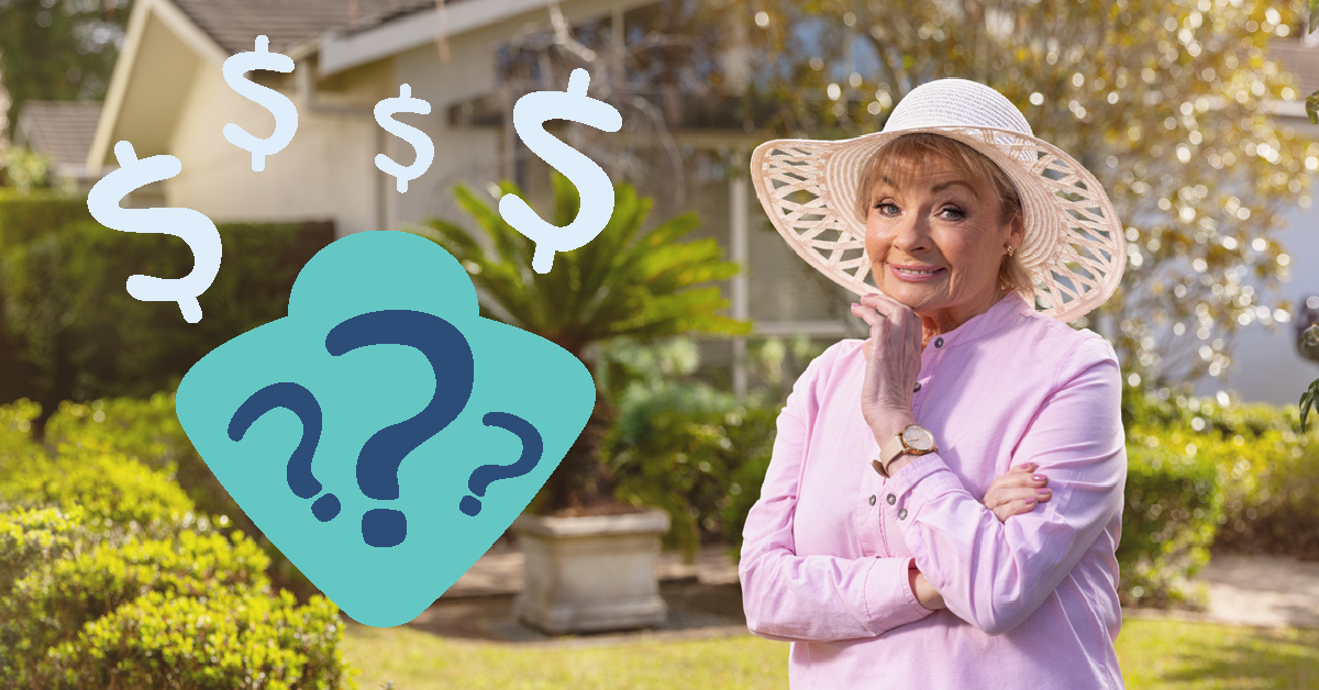 Smiling woman in a sun hat stands in a garden, pondering financial decisions, with dollar signs and question marks floating nearby.
