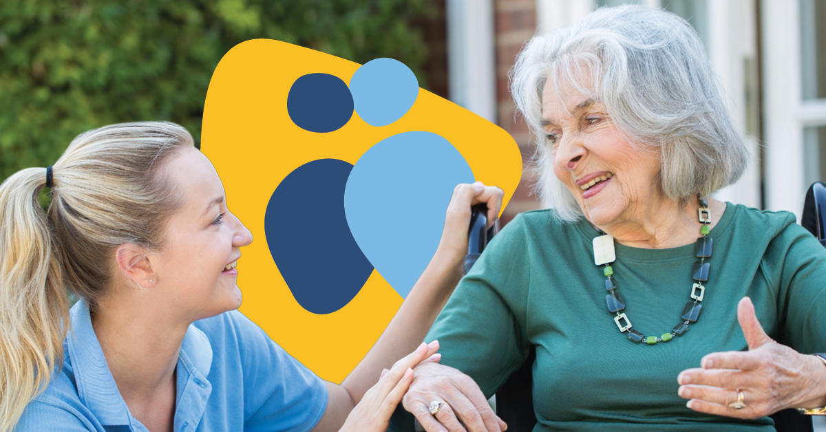 A caregiver smiles at an elderly woman in a wheelchair, with a stylized logo of two figures in the background.