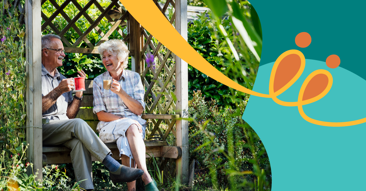 Elderly couple smiling and drinking coffee on a garden bench, surrounded by greenery, with a colorful abstract design on the right.