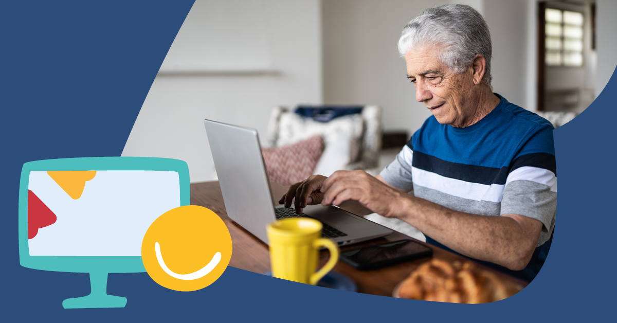 Elderly man in a striped shirt using a laptop at home, with a coffee mug and croissant on the table, and digital illustrations on the side.