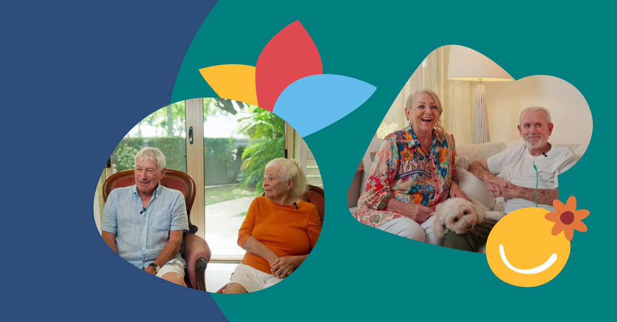 Two elderly couples sitting together, smiling. One couple has a dog. Colorful abstract shapes decorate the background.