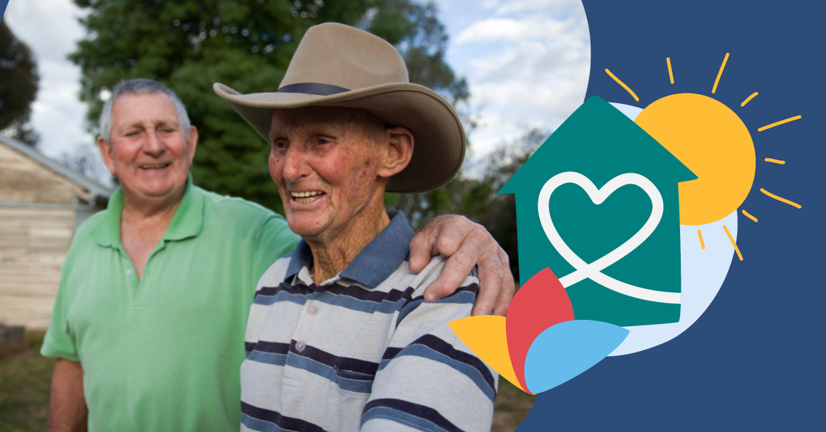 Two smiling elderly men outdoors, one wearing a cowboy hat. A graphic of a house with a heart and sun is on the right.