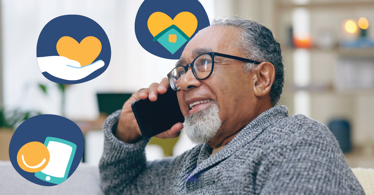 Elderly man with glasses talking on a phone, surrounded by icons of a heart in hand, heart in a house, and a phone.