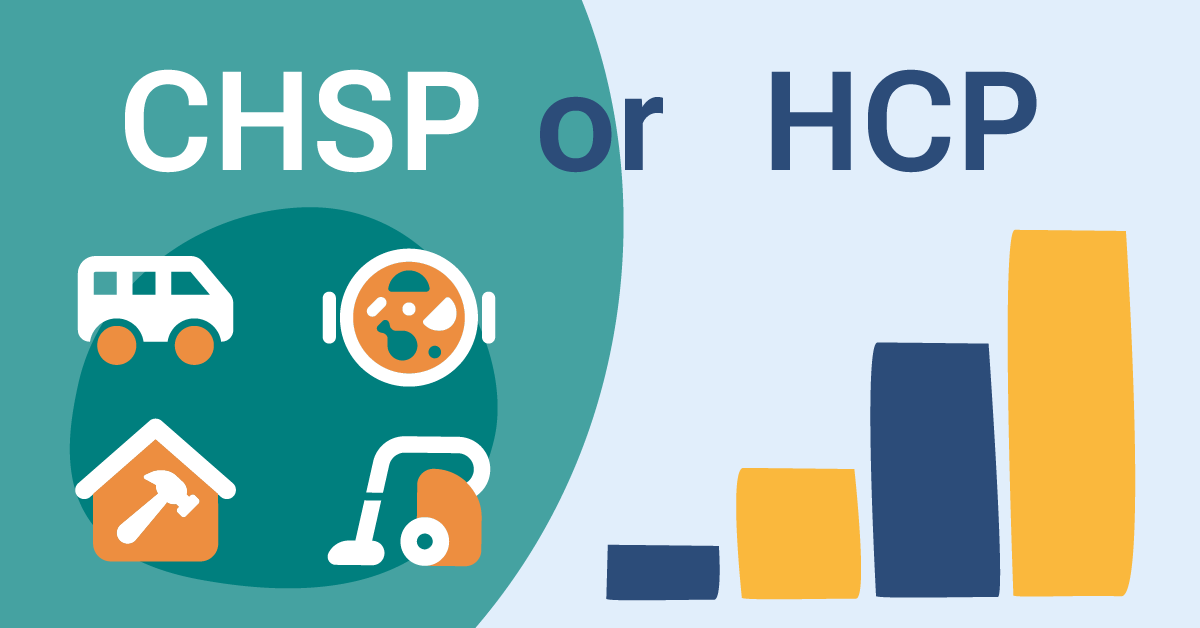 Illustration with "CHSP or HCP" text, icons of a bus, meal, house, vacuum, and a bar chart with blue and yellow bars.