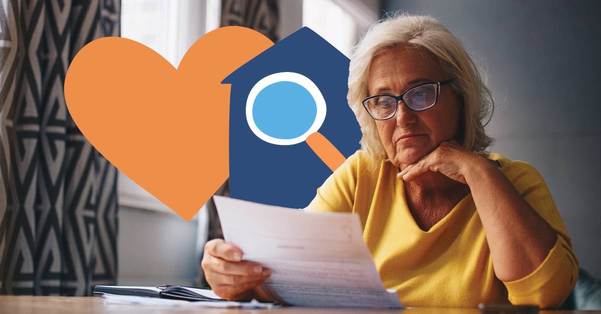 Elderly woman in glasses reads a document at a table, with a heart and house graphic in the background.