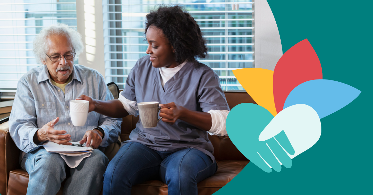 Elderly man and caregiver sitting on a couch, holding mugs, with a colorful abstract design on the side.