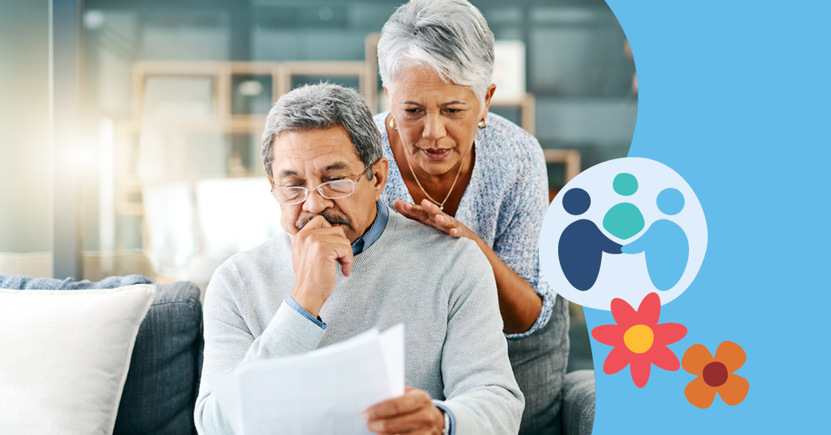 Elderly couple reviewing documents on a couch, with a blue background featuring abstract figures and flowers.