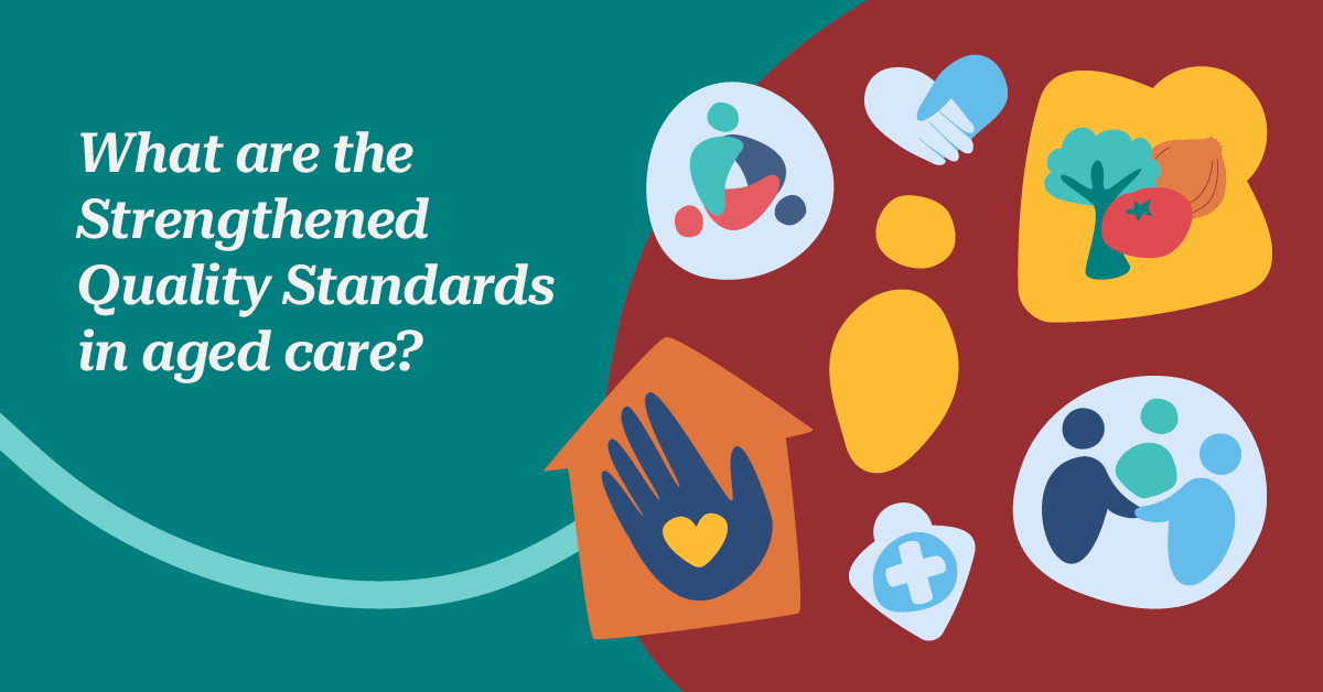 Illustration with icons related to aged care, including a house, heart, and healthcare symbols. Text: "What are the Strengthened Quality Standards in aged care?"