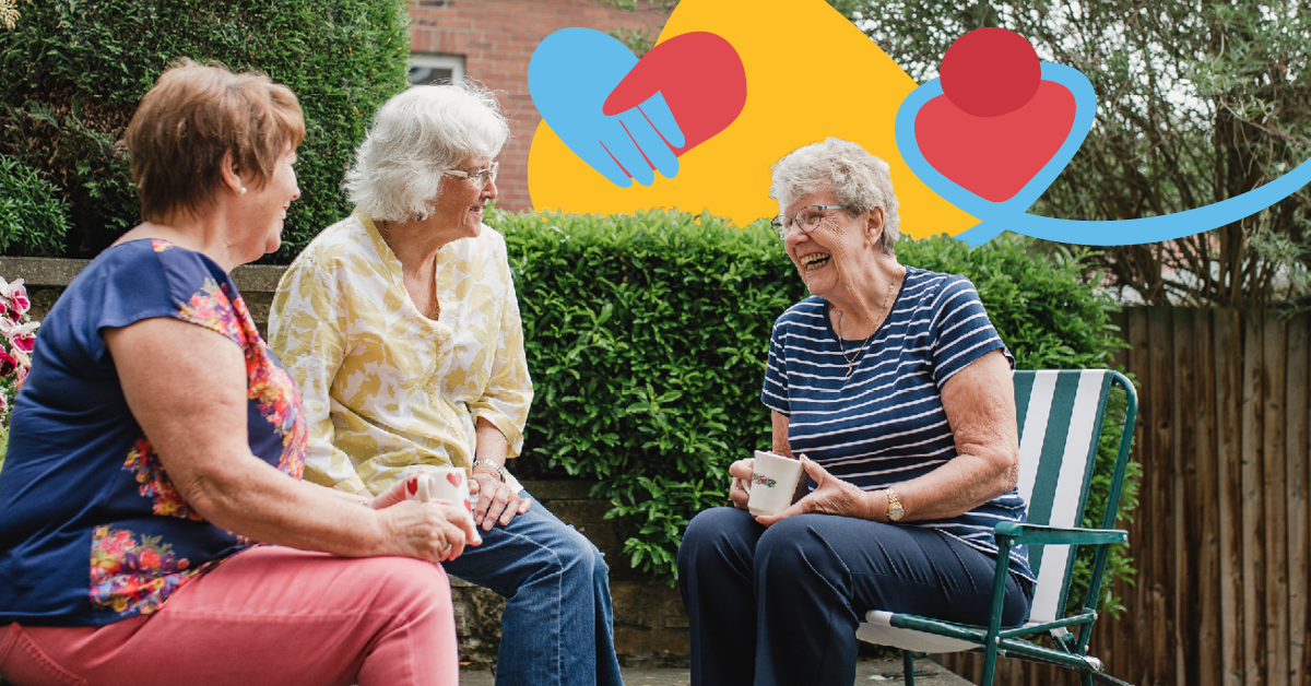 Three women sitting outdoors, chatting and holding mugs, with colorful graphic elements of hands and hearts in the background.