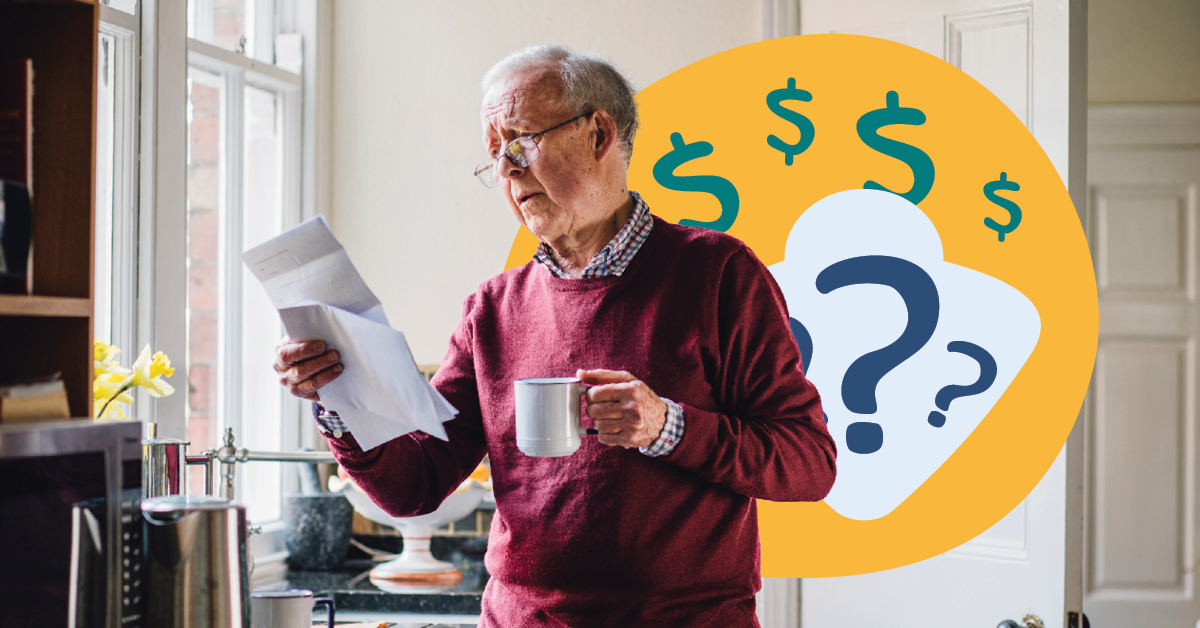 Elderly man in a red sweater holds a mug and reads a document, with dollar signs and question marks in the background.