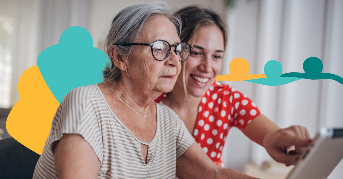Elderly woman and younger woman smiling and looking at a tablet together, with colorful abstract shapes in the background.