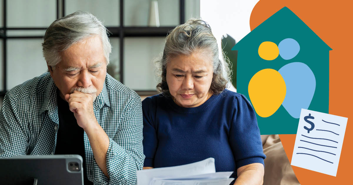 Elderly couple reviewing documents at a table, with a tablet nearby and an illustration of a house and family in the background.