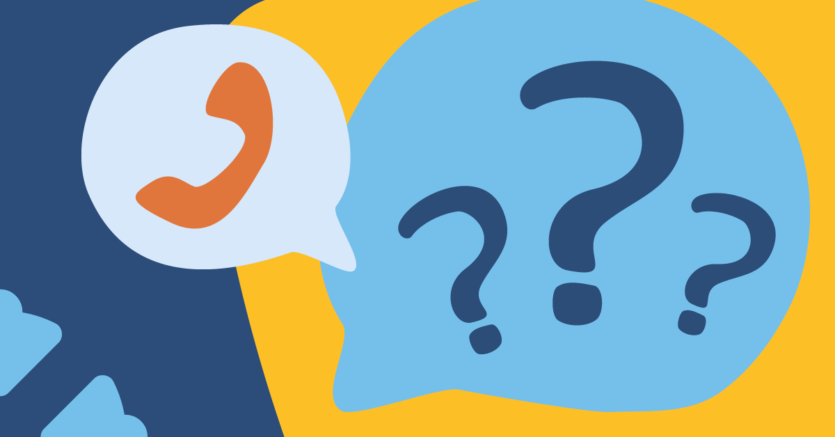 Illustration of a speech bubble with a phone icon and another with question marks, set against a blue and yellow background.