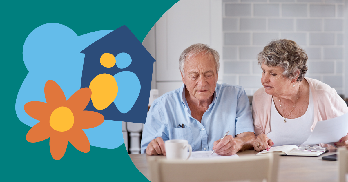 Elderly couple reviewing documents at a table, with a graphic of a house, people, and a flower in the background.