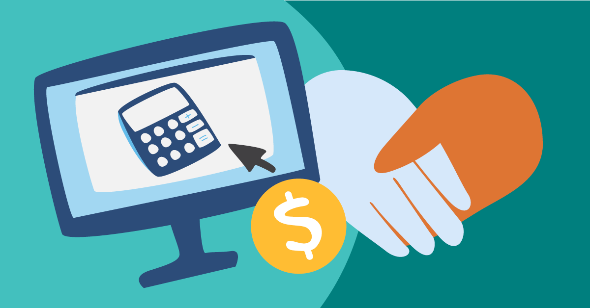 Illustration of a computer screen displaying a calculator icon, with a hand and a dollar symbol nearby, on a teal and green background.