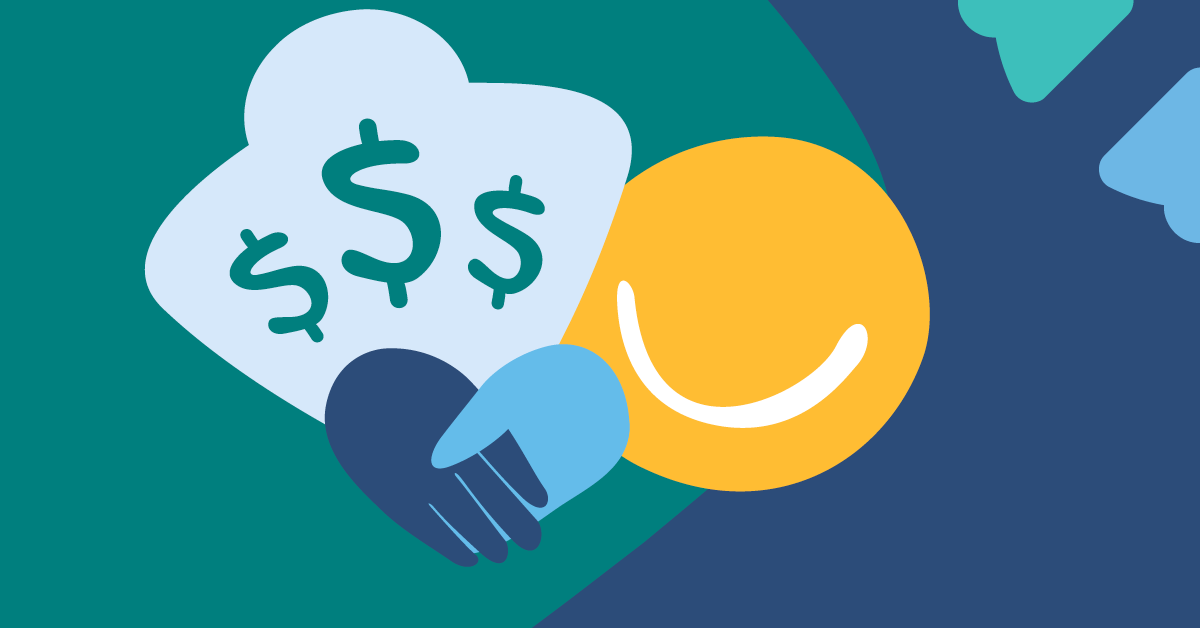 Abstract illustration of a smiling yellow face with a handshake and dollar signs on a blue and green background.